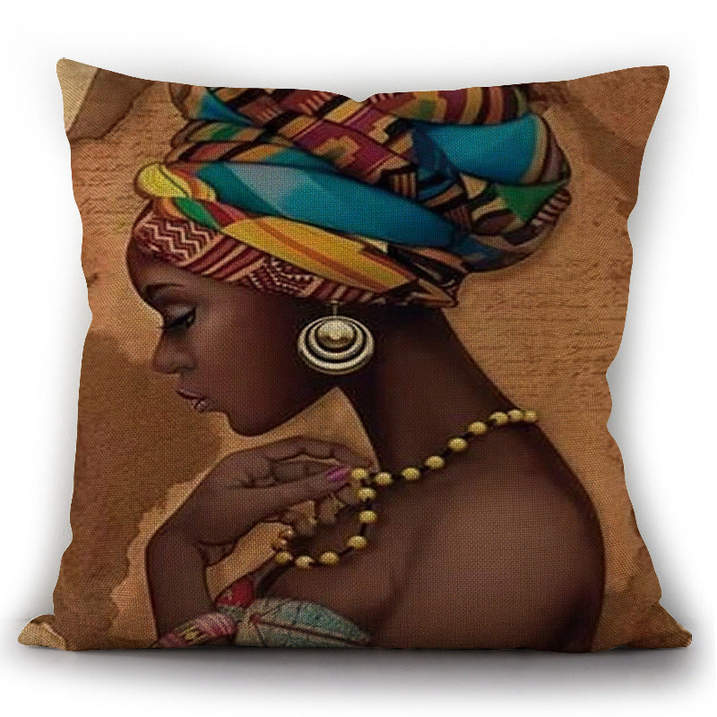 Linen Pillow with an African Woman Pattern in Ethnic Style
