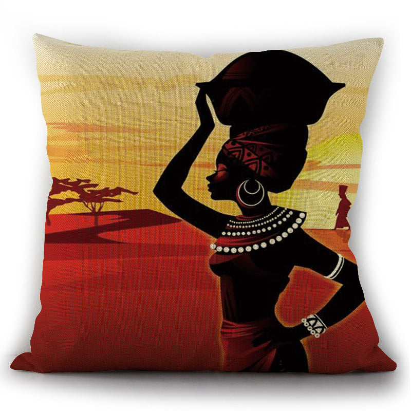Linen Pillow with an African Woman Pattern in Ethnic Style