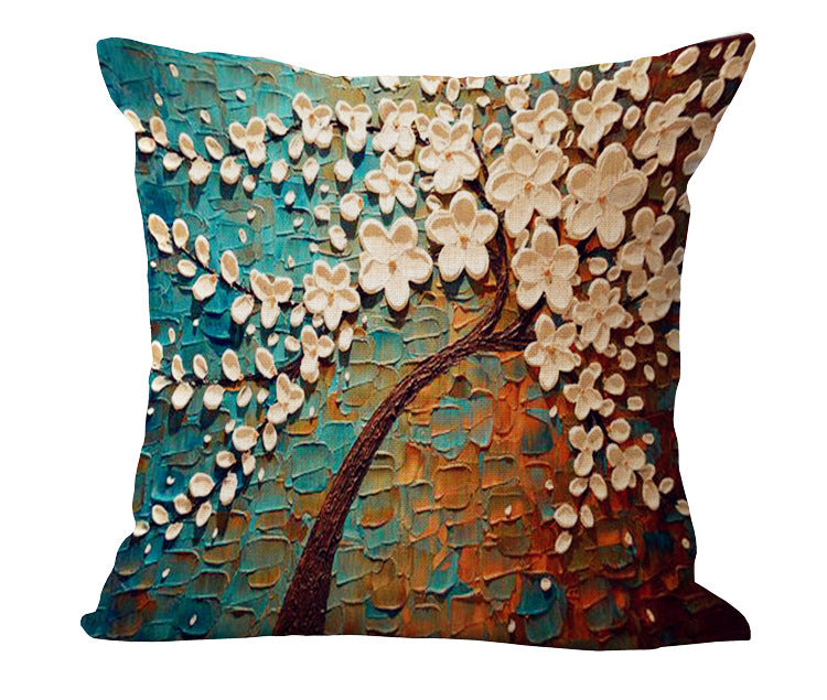 Funda de almohada de algodón y lino con pintura al óleo