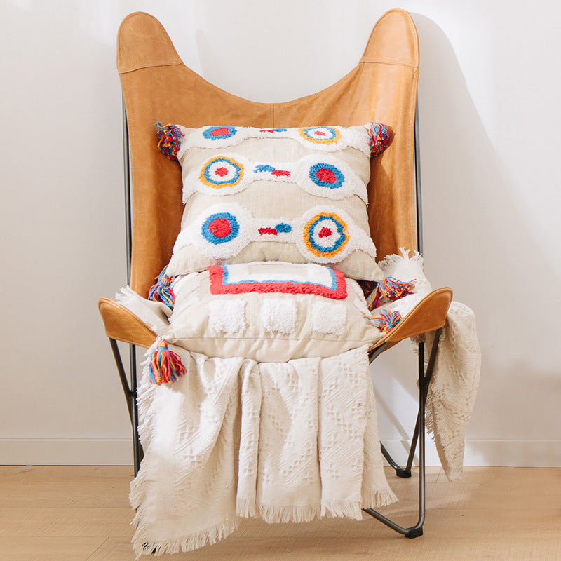 Funda de almohada con borlas geométricas - Funda de cojín de estilo étnico