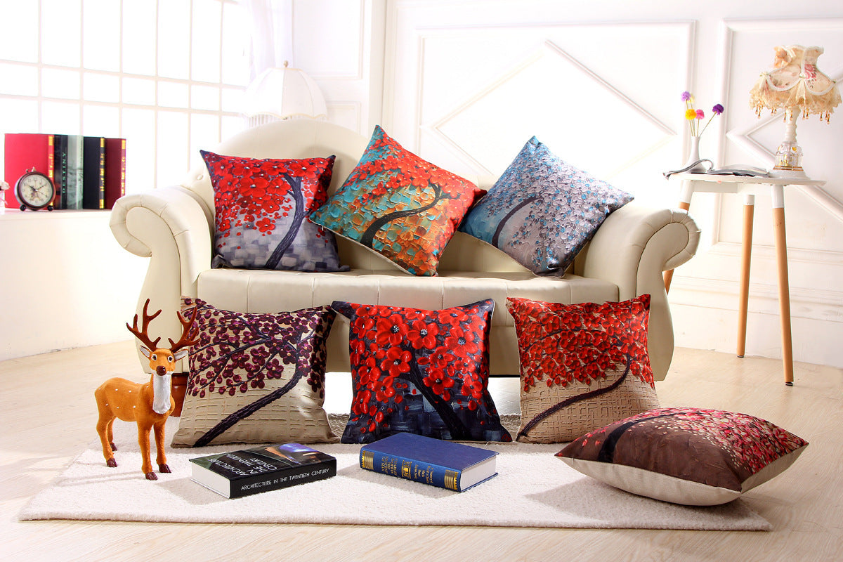 Funda de almohada de algodón y lino con pintura al óleo