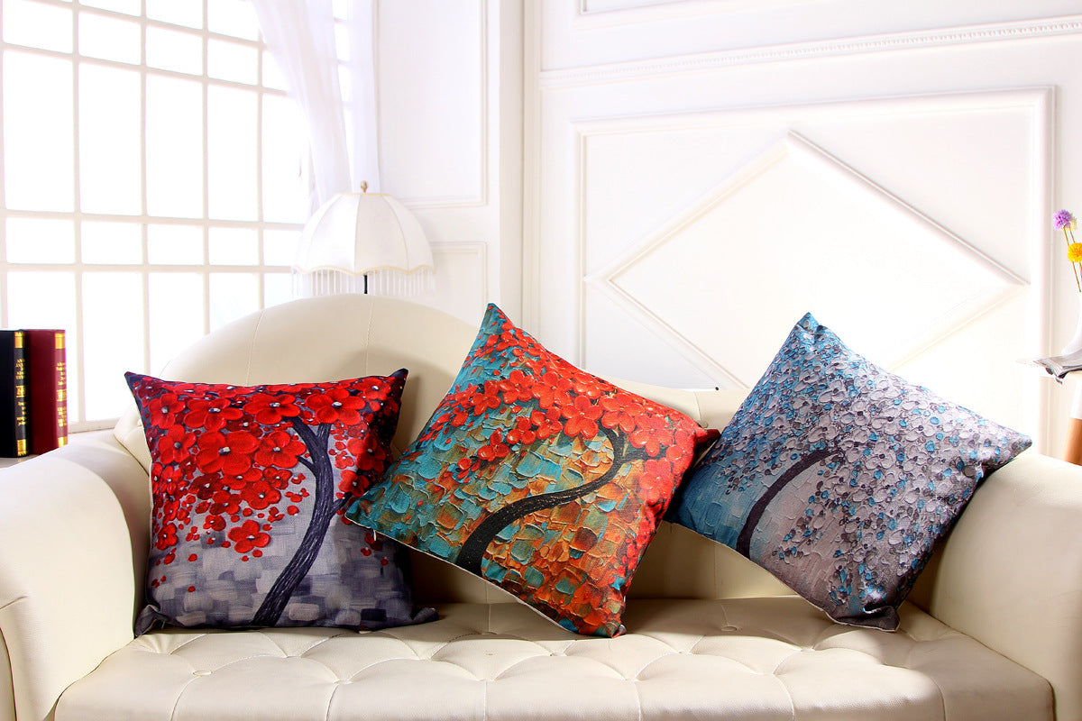 Funda de almohada de algodón y lino con pintura al óleo