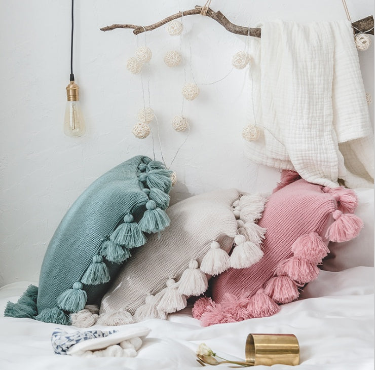 Boho Poduszka z Frędzlami - Ręcznie Szyta Pokrywa na Poduszkę