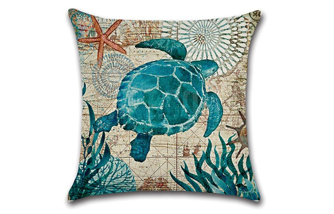 Funda de almohada de vida marina con tortugas marinas, caballitos de mar, ballenas y pulpos