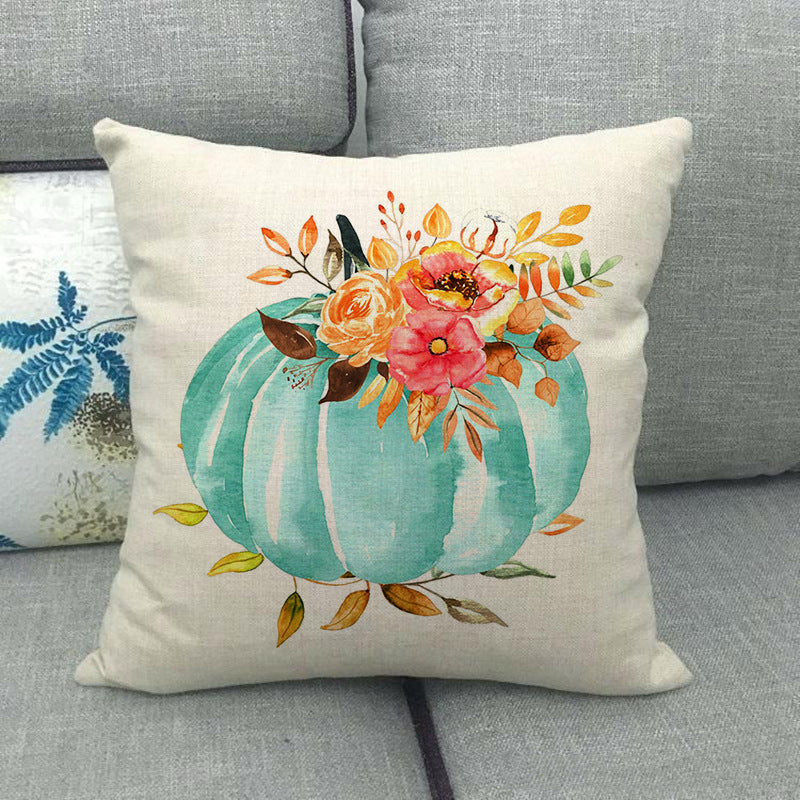 Funda de almohada de lino con forma de calabaza pintada