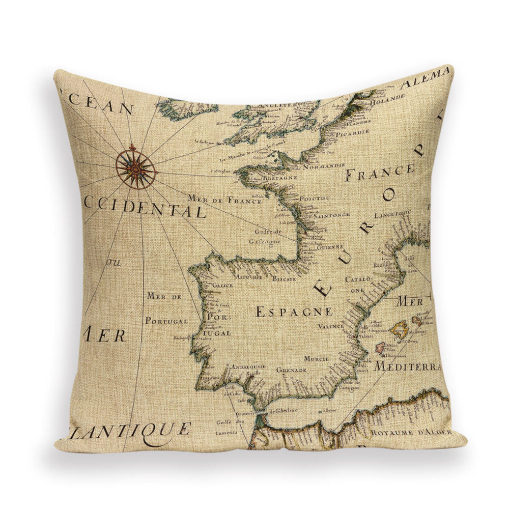 Nueva funda de almohada retro con diseño de mapa del mundo europeo