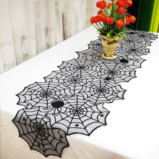 Halloween Czarna Koronkowa Obrus ze Wzorem Pajęczyny