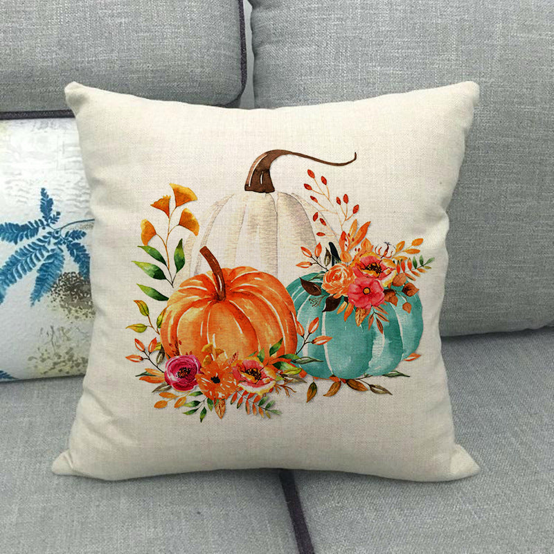 Funda de almohada de lino con forma de calabaza pintada