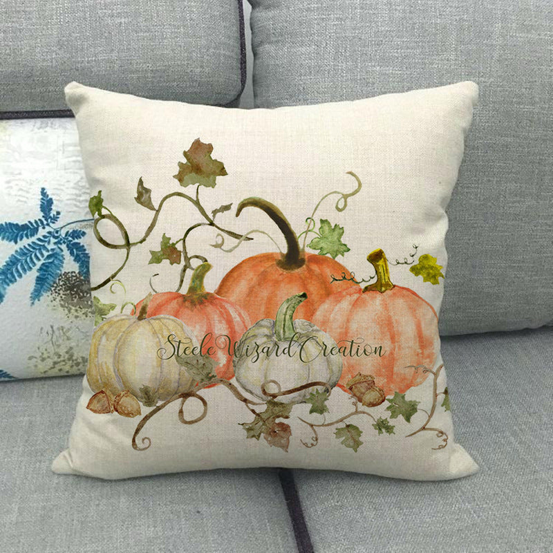 Funda de almohada de lino con forma de calabaza pintada