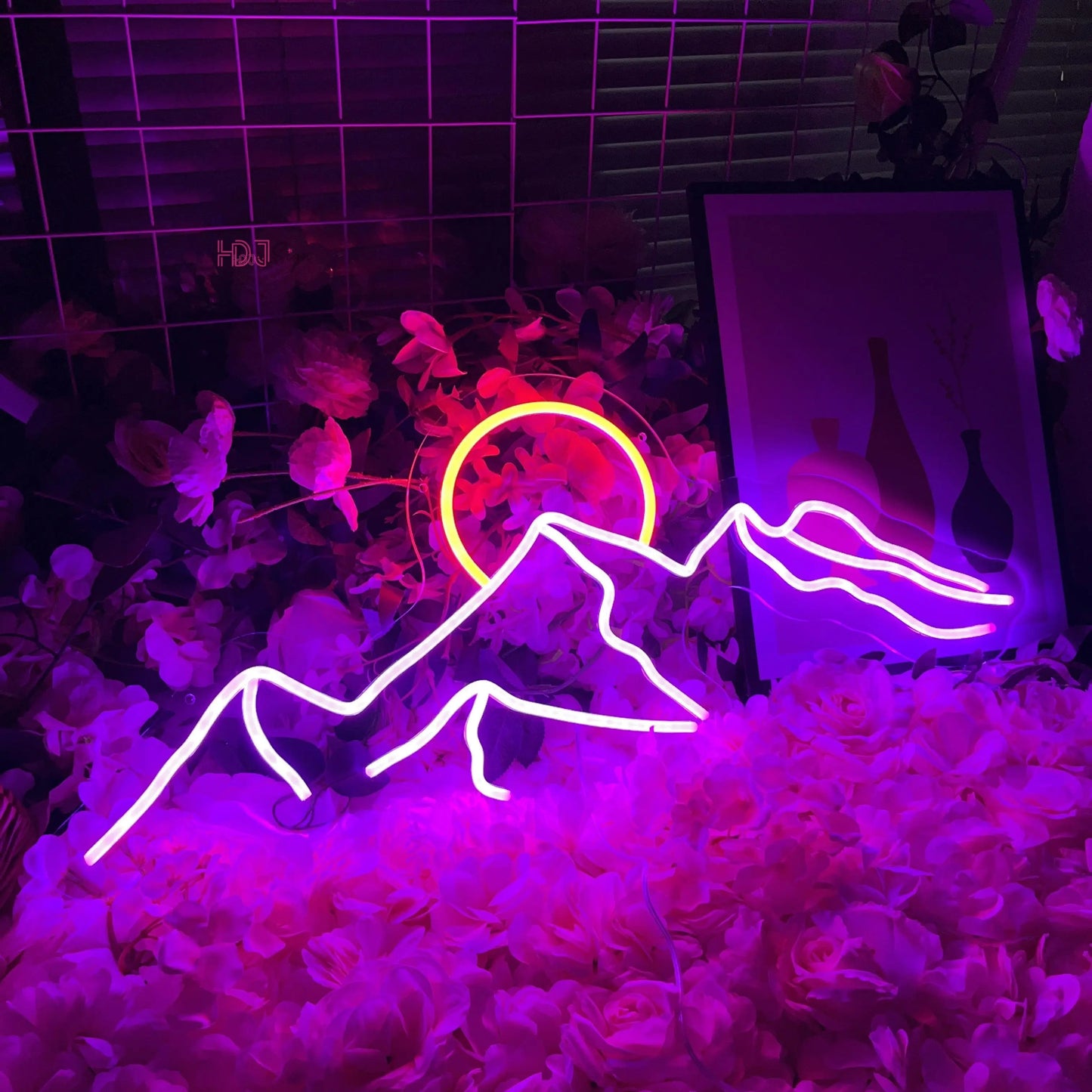 Letrero LED de neón con decoración de pared de montaña y sol