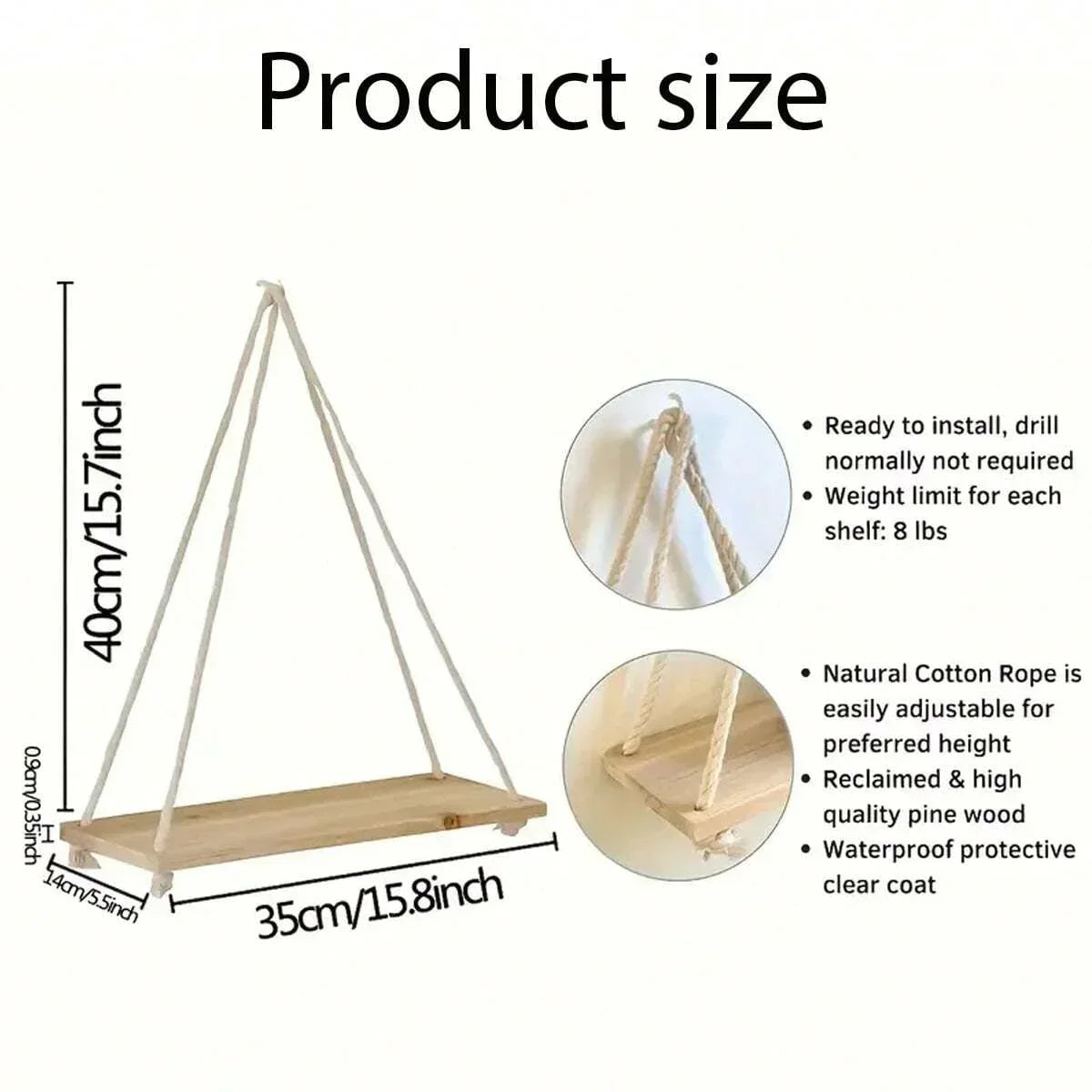 Estante de pared de madera con cuerda, decoración.