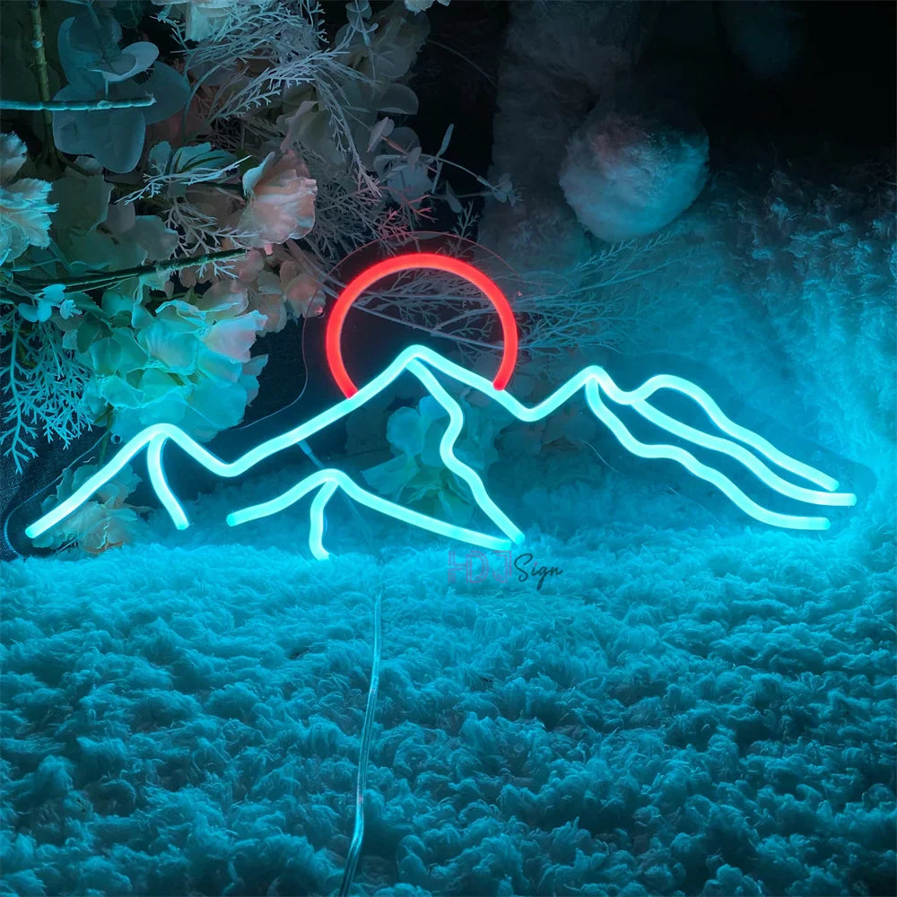 Letrero LED de neón con decoración de pared de montaña y sol