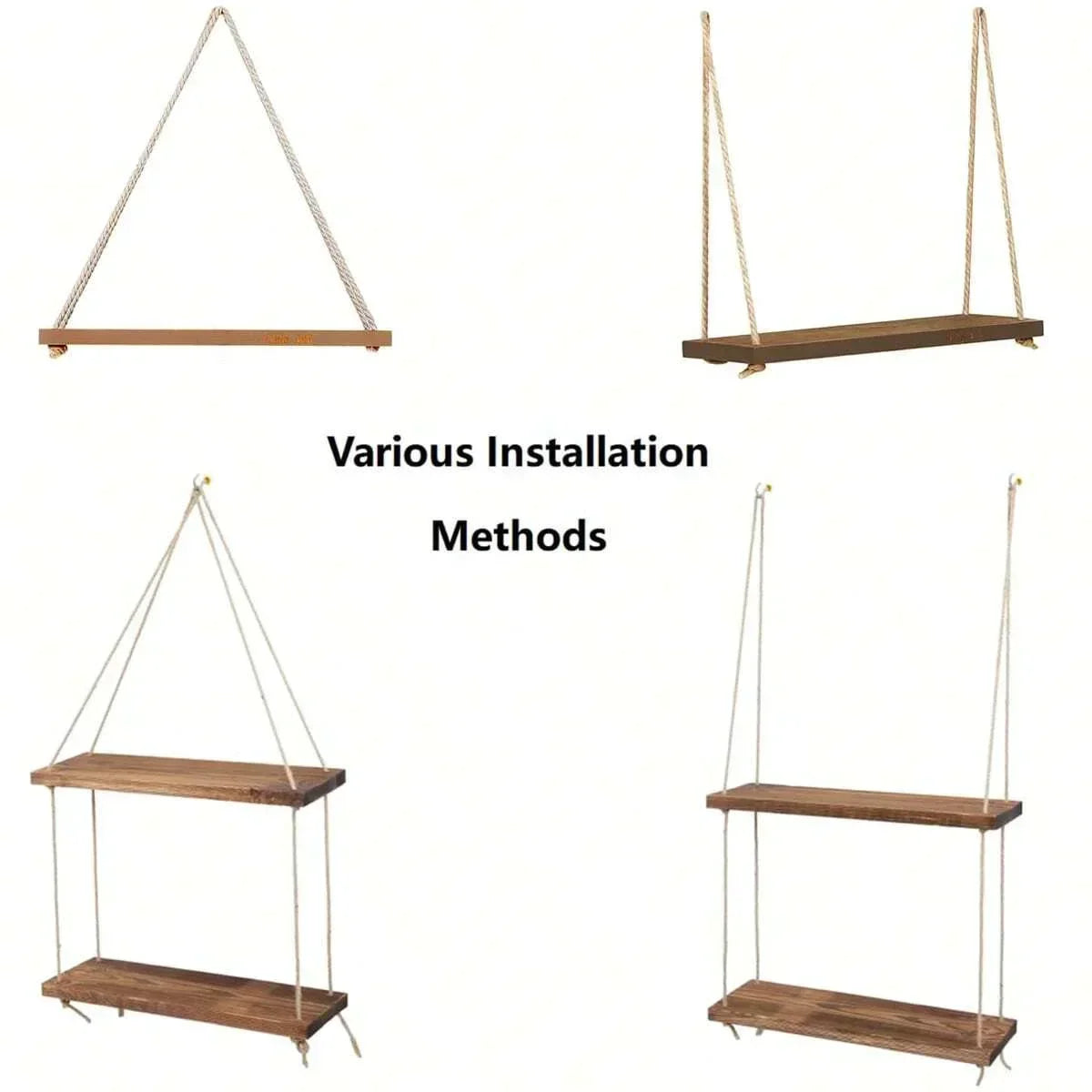 Estante de pared de madera con cuerda, decoración.