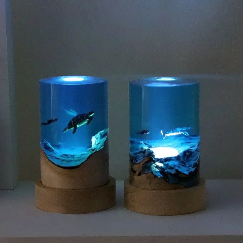 Desk decoration, sea turtle, night lamp made of wood and resin
