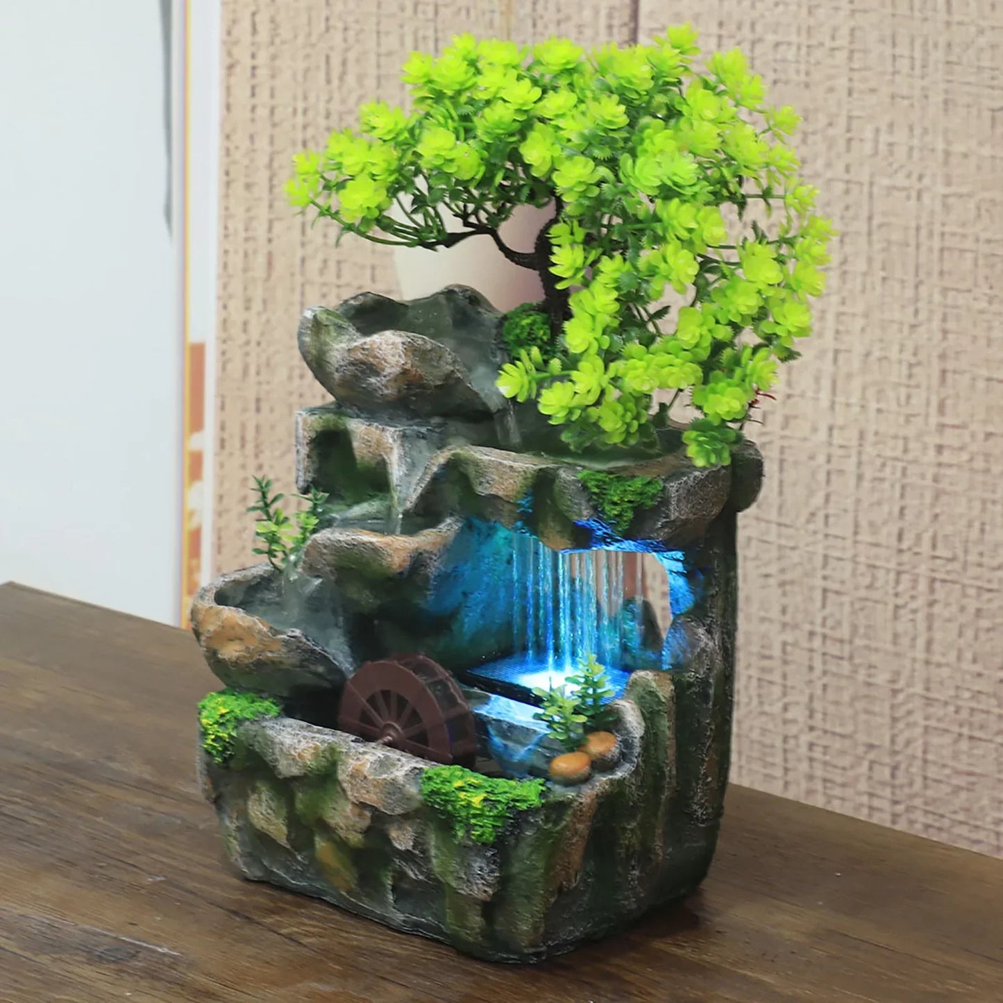 Table fountain with waterfall, decoration