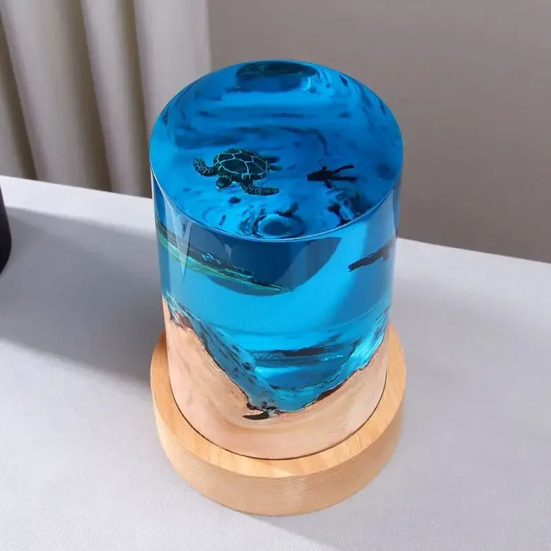Desk decoration, sea turtle, night lamp made of wood and resin