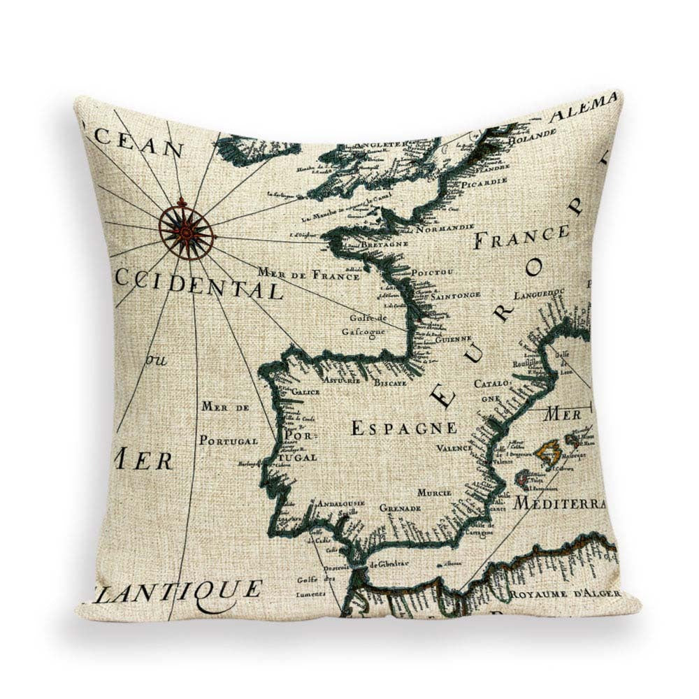 Nueva funda de almohada retro con diseño de mapa del mundo europeo